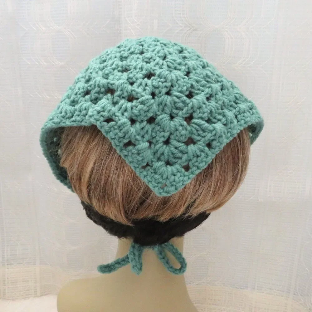 Green Crocheted Bandana Women Boho Hippie Style Handmade, Festival Wear